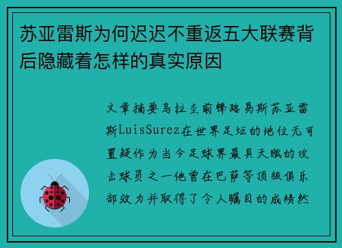 苏亚雷斯为何迟迟不重返五大联赛背后隐藏着怎样的真实原因